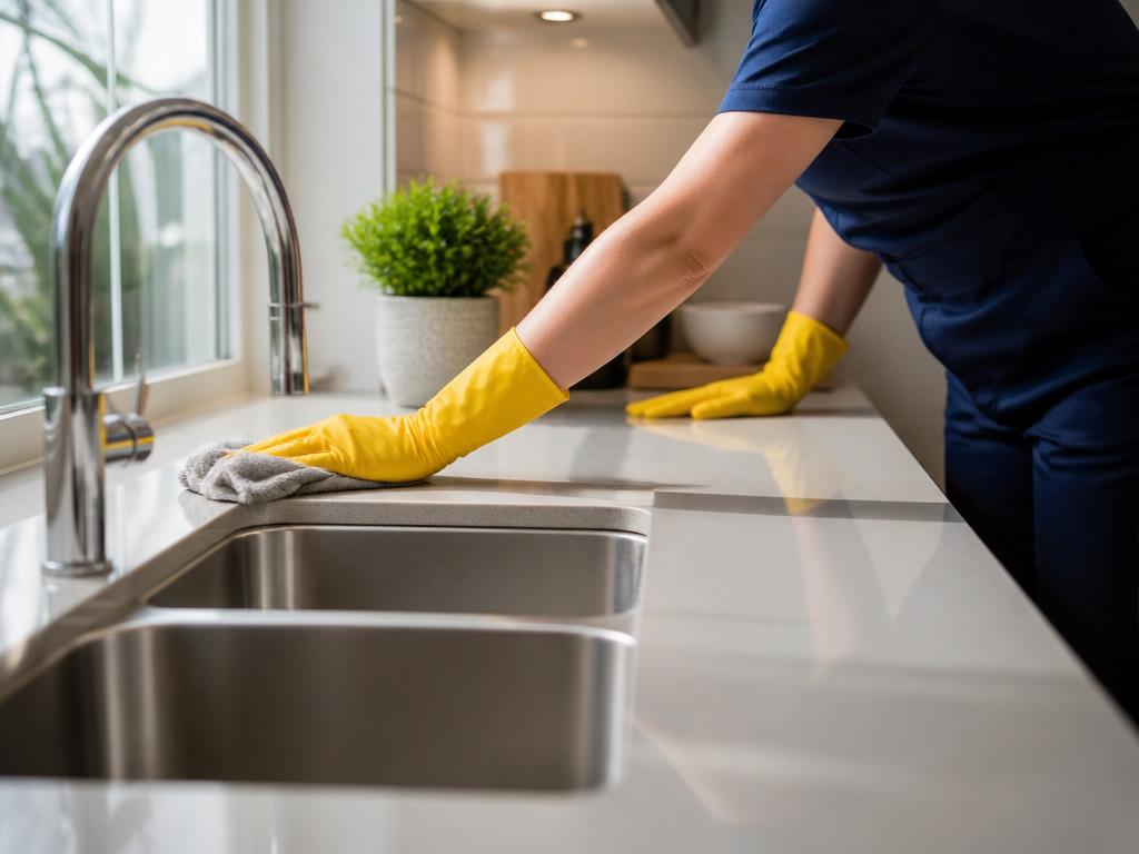 Professional cleaner deep cleaning a kitchen counter